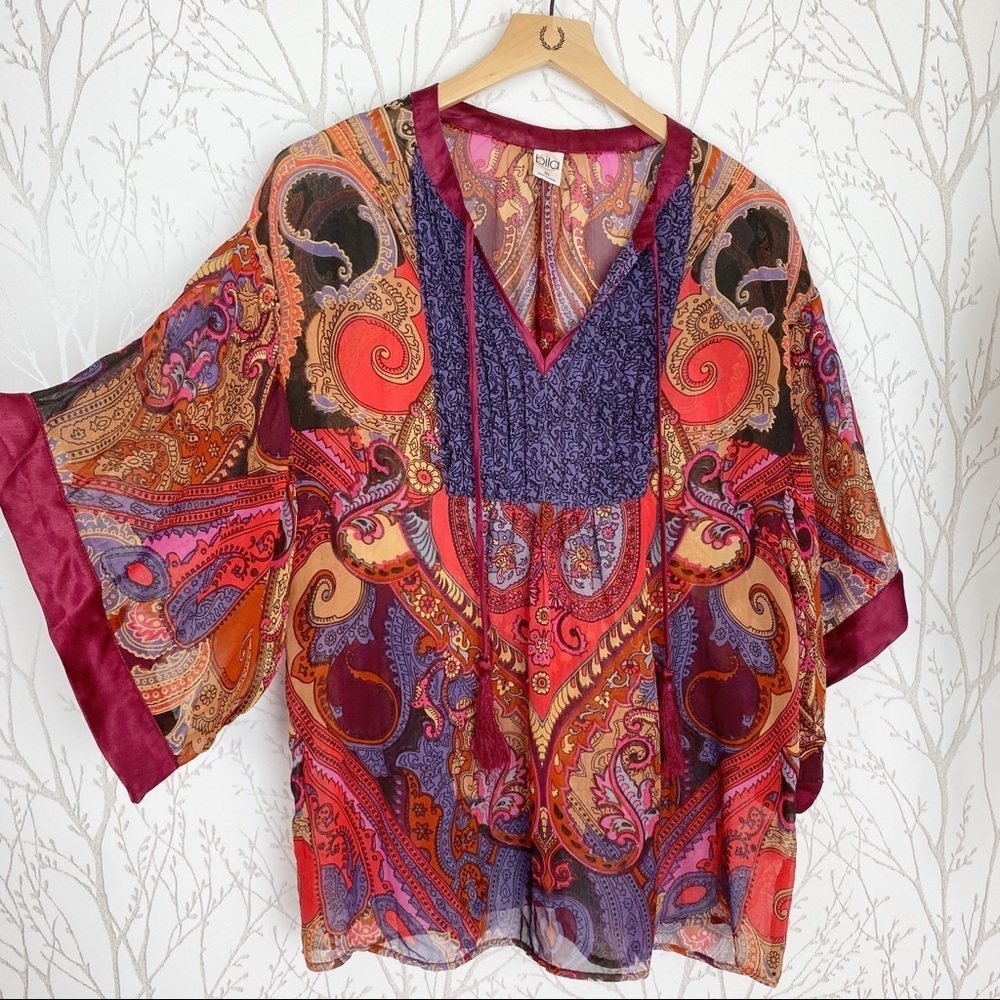 Bila Short Sleeve Kimono Style BOHO Paisley Top M